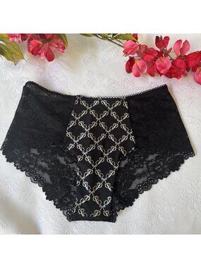 PINK VICTORIA'S SECRET XS BLACK GOLD METALLIC FOIL PANEL LACE CHEEKY PANTIES NWT
